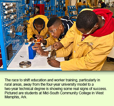 The race to shift education and worker training, particularly in rural areas, away from the four-year university model to a two-year technical degree is showing some real signs of success. Pictured are students at Mid-South Community College in West Memphis, Ark. 
