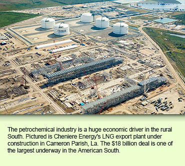 The petrochemical industry is a huge economic driver in the rural South. Pictured is Cheniere Energy's LNG export plant under construction in Cameron Parish, La. The $18 billion deal is one of the largest underway in the American South. 